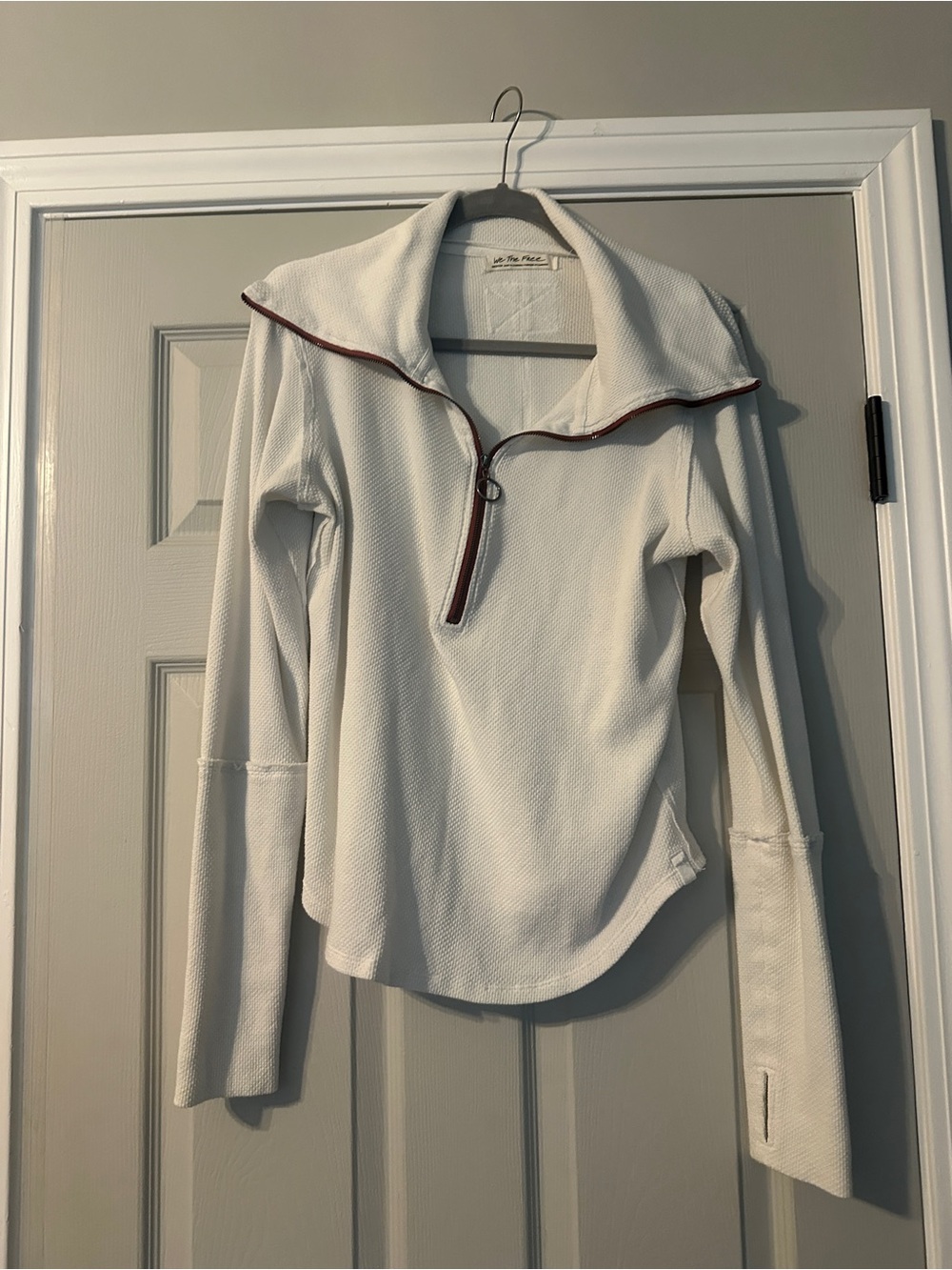 We The Free White Quarter-Zip Sweater with tan Trim size medium